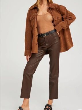 SPRWMN Chocolate Brown 100% Leather Straight Cropped Pants